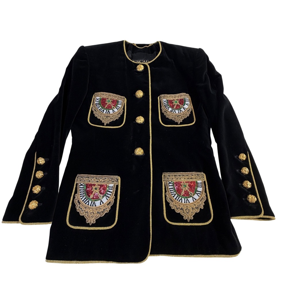 Escada Velvet Jacket US 8 (38) Black Clock Applique Gold Trim Vintage Germany